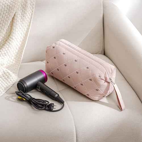 Large Quilted Hair Tools Travel Bag with Bow Pattern,Waterproof Hair Styling Accessories Storage Case for Shark FlexStyle, Dyson Airwrap Hair Dryer, Curling Iron, Revlon Hair Tools(Beige)