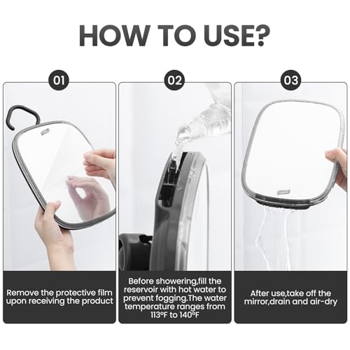 TAILI Shower Mirror Fogless for Shaving, Wall Hanging for Travel Camping, Removable Fog Free Shave Mirror for Shower Accessories, Bathroom, Portable, Shatterproof - for Men, Women(Black)