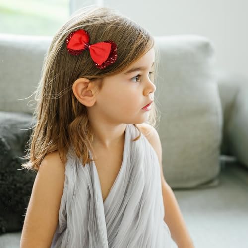 3.5" Glitter Red Ribbon Hair Bow Clips Sparkly Sequins Alligator Barrettes Hairpin Toddler Teen Girls Birthday Wedding Xmas july 4th Dress Outfit Decor Accessory Gift Set of 2