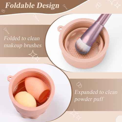 WantGor Makeup Brush Cleaner Mat with Brush Storage Holder, 3 in 1 Foldable Silicone Bowl Cosmetic Brushes Cleaning Pads Tool for Makeup Brush, Makeup Sponge, Powder Puff (Khaki)