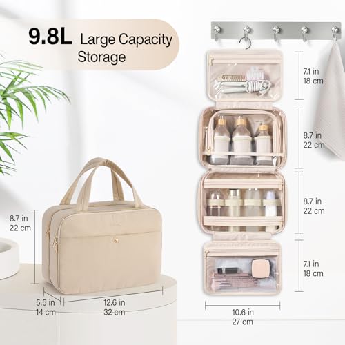 Hanke Hanging Travel Toiletry Bag for Women with Jewelry Organizer Compartment, Travel Essentials Toiletries and Makeup Bag, Water-Resistant & Stain-Resistant with Trolley Strap (Apricot)