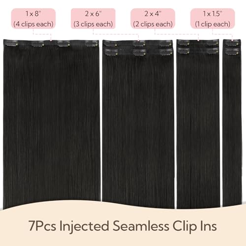 HOTBANANA Invisi Edge Clip in Hair Extensions, 14inch 120g Injected Seamless Clip in Extensions 7Pcs Natural Black Real Human Hair PU Hair Extensions