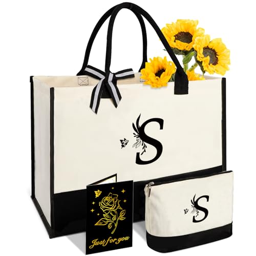 Personalized Gifts for Women - Initial Canvas Tote Bag & Makeup Bag, Custom Bags for Beach, Christmas, Wedding, Birthday, Holiday, Monogram Birthday Gifts for Women, Mom, Wife, Teacher, Friend - S