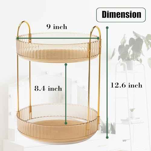 Rotating Makeup Organizer Countertop 2 Tier Lazy Susan Trays Clear Skincare Perfume Storage for Bathroom Counter Vanity, Amber Gold