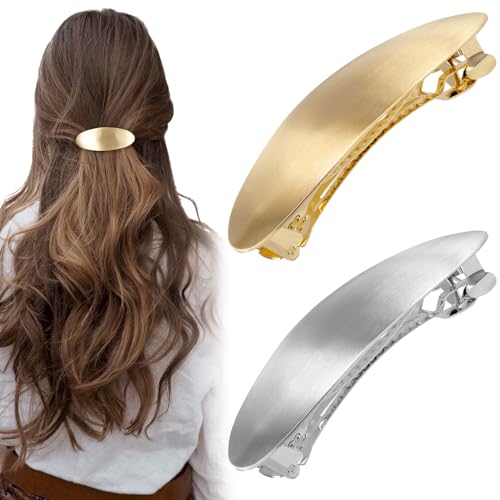 2pcs 3inch French Metal Oval Hair Barrettes for Women, Non-Slip Simple Large Hair Clip, Vintage Gold Silver Wedding Prom Formal Hair Accessories for Women Girls Long Thick Hair