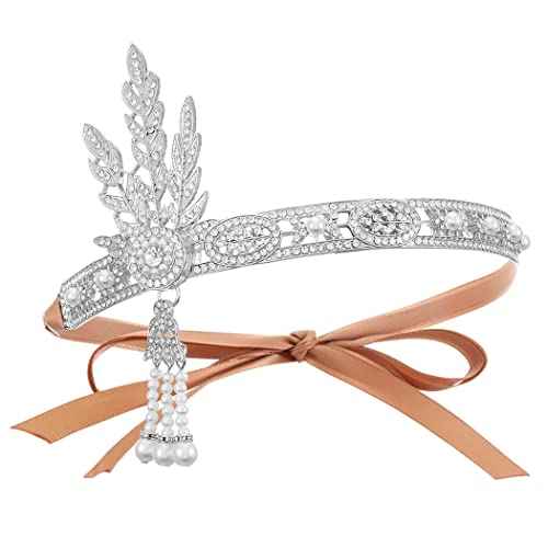 GORTIN 1920's Flapper Headband Inspired Leaf Headpiece Rhiestones Pearl Headdress Cocktail Party Bride Wedding Flapper Hair Accessories for Women and Girls (Silver)