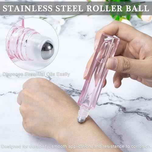 Yebeauty Glass Roller Bottles for Essential Oils 10ml Compact Travel Roll on Bottles for Oil Massage with Golden Aluminum Cover, 4 Pack Perfume Rollerball Empty with Opener, Funnel, Dropper, Pink
