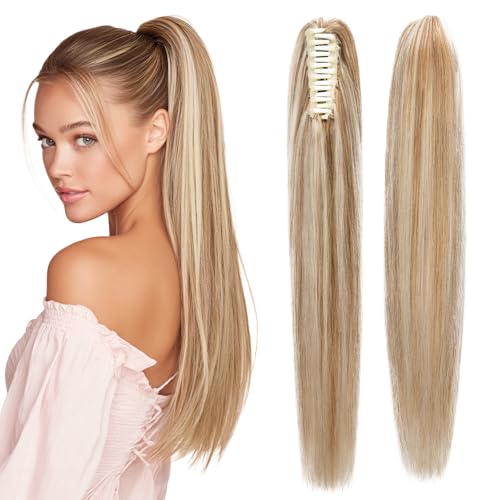 Human Hair Claw Clip Ponytail Extension 100% Real Human Hair Clip-In Extensions for Women Long Straight Pony Tails 16 Inches 105g #12P613 Golden Brown mixed Bleach Blonde