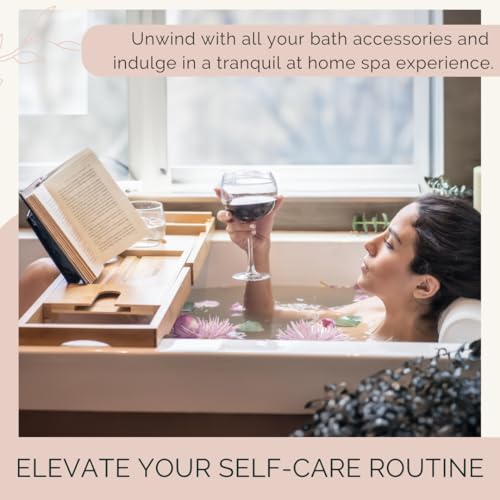 Foldable Bamboo Bathtub Tray Caddy - Expandable Bath Tray for Tub | Secure, Non-Slip Bathtub Caddy Tray for Tub for Bath Accessories, Bath Stuff ? Perfect Relaxing Gifts for Women and Spa Gift Set