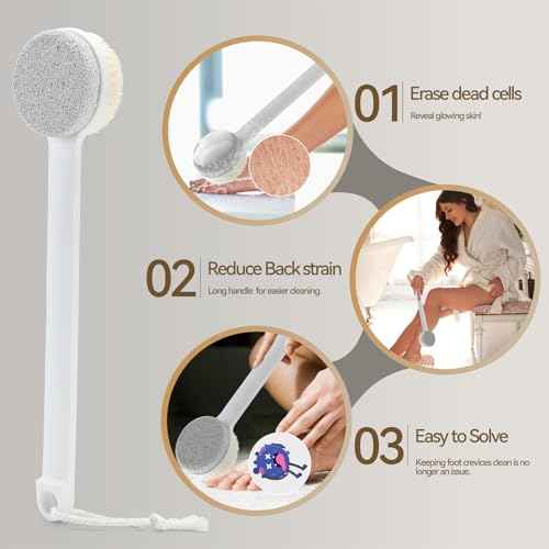 Foot Pumice Stone for Feet, 2 in 1 Foot Pumice Scrubber for Wet or Dry Brushing, Dead Skin Remover, Long Handle Foot Cleaning Brush for Senior, Pregnant, Disabled, or Injured, Box Packed(White)