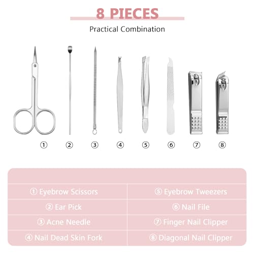 Lasnten 24 Set Christmas Manicure Set Bulk Nail Clippers Grooming Nail Kit Stainless Steel Professional Pedicure Kit Pedicure Tools with Travel Case Gifts for Xmas Men Women(8 in 1,Shiny Pink)