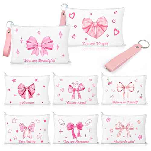 PUNICA 8 Pcs Pink Coquette Bow Makeup Bag Preppy Cosmetic Bags Canvas Zipper Pouch with Handle, Travel Bag Gift for Nurse Women Girls Coquette Party Favors Storage Accessories