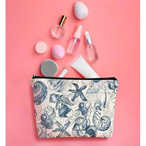 Retro Watercolor Seahorse Seashell Graffiti Makeup Bag, Beach Pouch for Sunscreen, Girls Beach Cosmetic Bag Idea for Women, Girls, Sister, Birthday Party, Pool, Summer Party