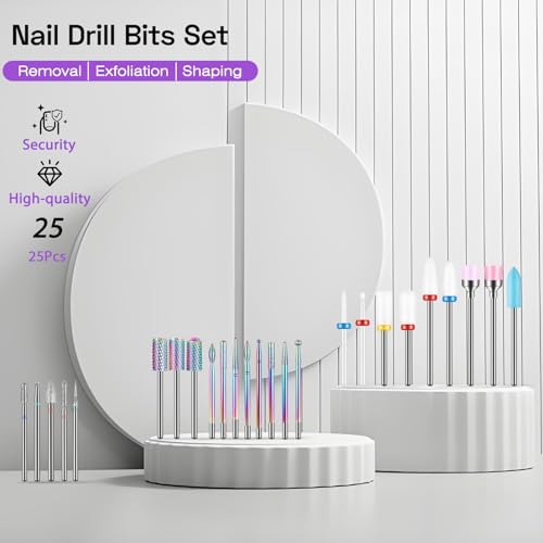 25PC Nail Drill Bits Set,Tungsten Carbide Diamond Ceramic Drill Bits Nails for Acrylic Gel Polish,3/32'' Professional Cuticle Efile Remover Nail Bits for Nail Drill Manicure Pedicure Tool