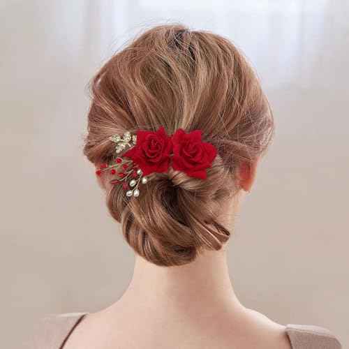 2 Pcs Rose Flower Wedding Hair Comb Crystal Pearl Bridal Headpiece Gold Leaf Red Flower Side Comb Hair Accessories for Women
