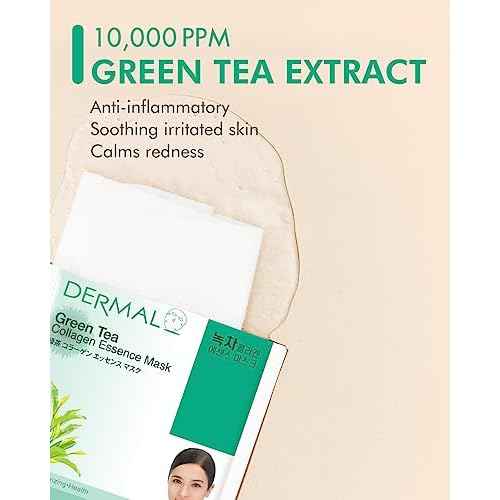 DERMAL Green Tea Collagen Essence Facial Mask Sheet 23g Pack of 10 - Hydrating and Soothing for Sensitive Oily Skin, Revitalize Dull Skin, Daily Skin Treatment Solution Sheet Mask