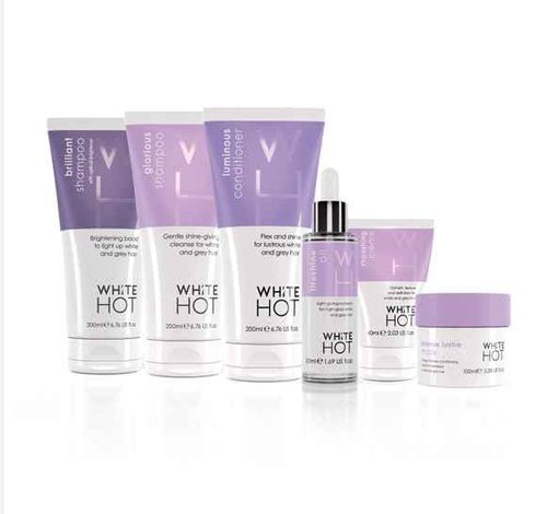 White Hot Ultimate Collection, hair care products to brighten, add gloss & shine to white and grey hair, purple shampoo, banishes yellowy tones