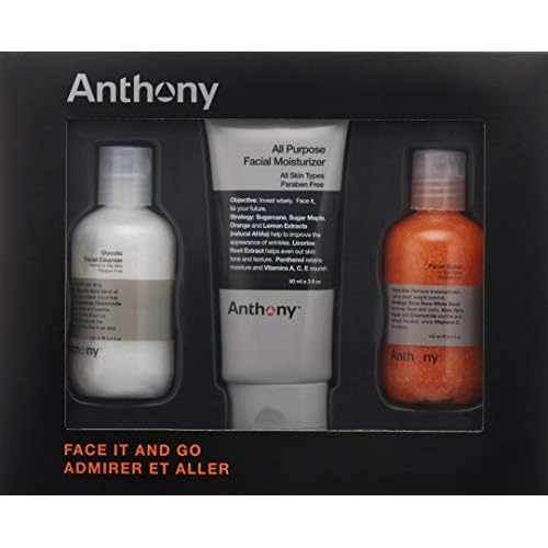 Anthony Face It & Go Kit, Set Includes Glycolic Facial Cleanser 3.4 Fl Oz. All Purpose Facial Moisturizer 3 Fl Oz. Facial Scrub 3.4 Fl Oz.