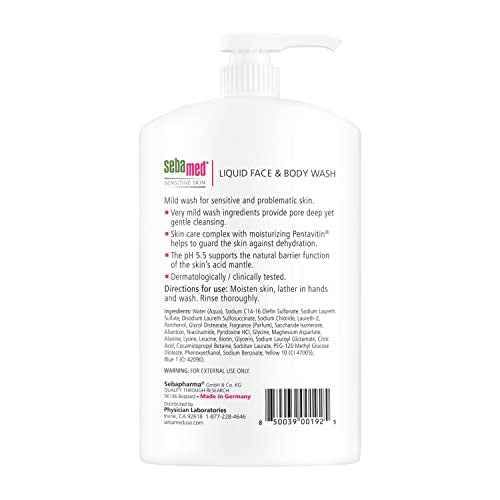 SEBAMED Sensitive Skin Face and Body Wash for Men and Women, pH 5.5, Mild Gentle Hydrating Cleanser, Hypoallergenic Body Wash, Dermatologist Recommended, 33.8 Fluid Ounces (1 Liter)