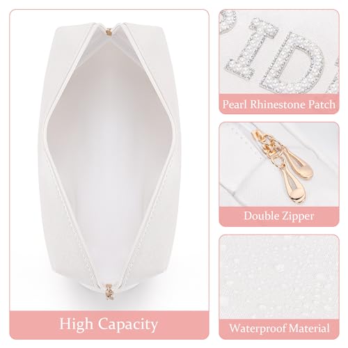 Etercycle Bride Letter Makeup Bag, Bride To Be Gifts Bling Pearl Rhinestone Patch Cosmetic Bag, Waterproof PU Travel Toiletry Bag for Bachelorette Party Women Wedding Bridal (Silver)