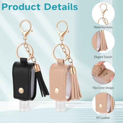 2 Pcs Portable Handwashing Fluid Holder Bottles with Keychain, Refillable Travel Size 1oz/30ml Squeeze Containers for Toiletry, Lotion, Liquid Soap, Shampoo (Black+Khaki)