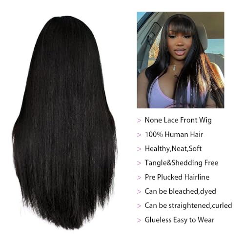 Straight Wigs Human Hair with Bangs 180% Density Brazilian Virgin Human Hair Wigs Glueless Machine Made Wigs for Women None Lace Front Wigs Natural Color 18 Inch