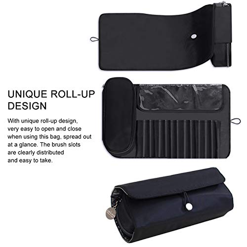 Makeup Brush Bag, Travel Makeup Brush Case Makeup Brush Holder Organizer Cosmetic Bag Portable Roll Up Brush Storage Bag for Makeup Brushes and Cosmetic Essentials (Black)