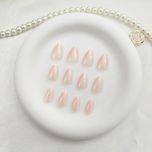 Almond Press On Nails - Chrome Designs, Glossy Glue On, Light Pink, 30 Pcs