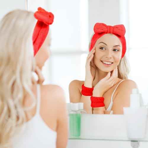 Hanaive 3 Pcs Face Wash Headband and Wristband Set Bow Spa Headbands Face Wash Arm Cuffs for Women Makeup Skincare Bath Headbands Wrist Bands for Washing Sleepover Party Supplies(Red)