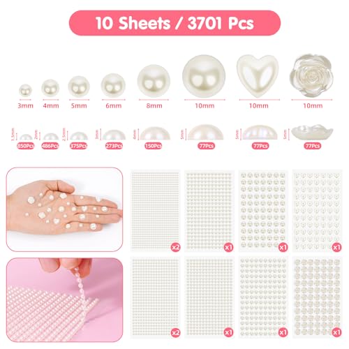 3701PCS Pearl Stickers Pearls for Crafting - Self Adhesive Pearls for Hair Face Makeup Eye Nail Crafts, Stick On Gems (White, Assorted Sizes)