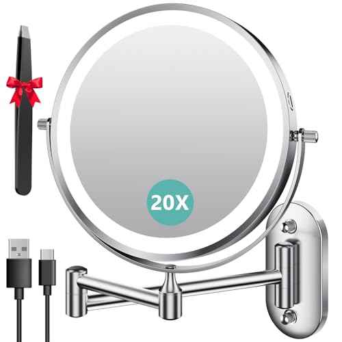 Auxmir 1X/20X Wall Mounted Makeup Mirror with Light, 8" Rechargeable Double-Sided Magnifying Mirror, Vanity Mirror Dimmable 3 Color Light, 360¡Æ Extension Rotation Foldable 14.5 Inch Arm, Chrome