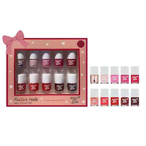 Holler and Glow Reds Miniature Nail Polish Holiday Gift Set, Mini Size, Limited Edition, Base Coat, Top Coat, High Shine, Glossy, Long Wearing, Quick Dry, Teen Girl Gifting, 10 Piece Set