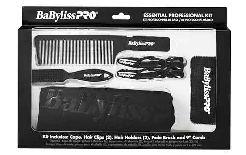 BaBylissPro Essential Professional Kit - barber cape, comb, fade brush, hair clips, and hair holders