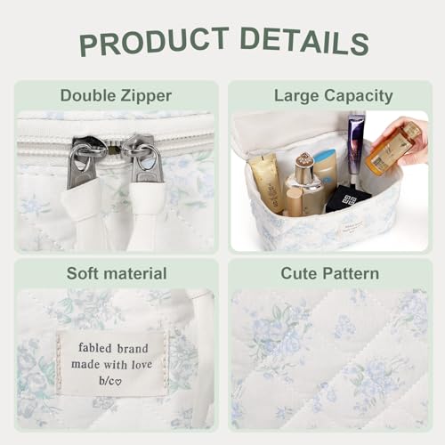 3Pcs Cotton Quilted Makeup Bag Large Travel Cosmetic Bag Coquette Makeup Pouch Cute Aesthetic Floral Toiletry Bag for Women Girls (flower-T)