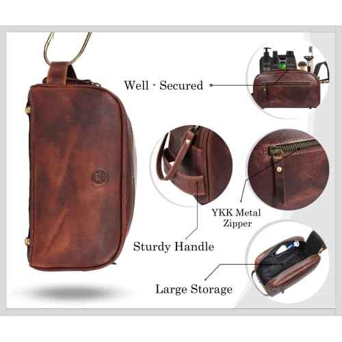 Leather Toiletry Bag for Men | Grooming Travel Kit | With Waterproof Lining | By Aaron Leather (Dark Brown)
