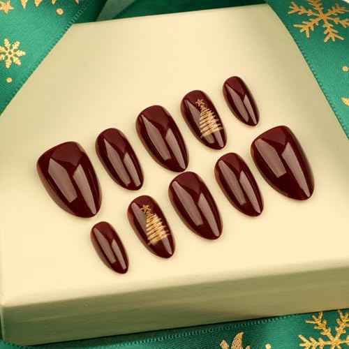 Red Press On Nails Almond Short Christmas Brown Red Fake Nails with Gold Tree Designs Fall False Nails Press Ons Glossy Full Cover Nail Tips Acrylic Artificial Glue Stick On Nails for Women 24PCS