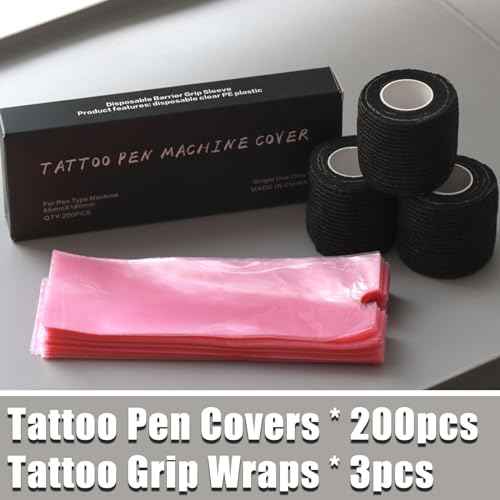 Large Pen Bags with Grip Tape Wraps - NAQASE 200pcs Pink Large Machine Pen Covers Pen Sleeves Covers Wrap and 3pcs Bandages Elastic Grip Tape Wraps
