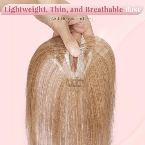 Women's Clip In Human Hair Topper, with 360¡Æ 3D Cover Air Bangs - for Thinning Hair, Straight, 11 Inch, Light Brown, 9x12 CM Upgraded Seamless Silk Base, Lightweight, Breathable