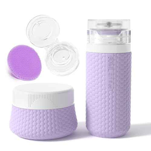 2 oz Travel Bottle Silicone Small Liquid Travel Containers 2 Pack Leak Proof TSA Approved Bottles On The Go Size Traveling Kit for Toiletries Shampoo Body Wash Skincare Lotion Women - Leather Purple