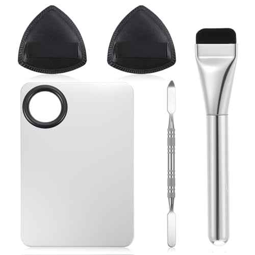 Stainless Steel Makeup Palette, Metal Mixing Tray with Foundation Brush, Spatula and Powder Puff Professional Reusable Beauty Tools for Facial Cosmetic, Nail Art, Pigment Blending
