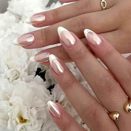 French Tip Press on Nails Almond Fake Nails Press ons with Designs Chrome False Nails Medium Glossy Full Cover Glue on Nails French Acrylic Stick on Nails for Women Nail Manicure Decoration 24Pcs