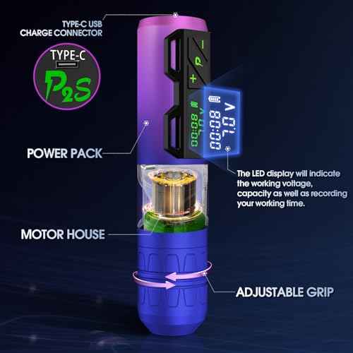 EZ Tattoo Gun Kit - Wireless Tattoo Machine Kit Complete with Rotary Tattoo Machine Pen, 20Pcs Tattoo Cartridge Needles, 1800mAh Power Supply Battery and 8 Color Tattoo Inks (P2S Purple)