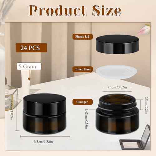 24 Pack 5g Amber Glass Cream Jars Round Cosmetic Vials Pot Refillable Makeup Bottle Containers with Lids&Inner Liners for Lotion Cream Ointments Lip Balm Eyeshadow Slime