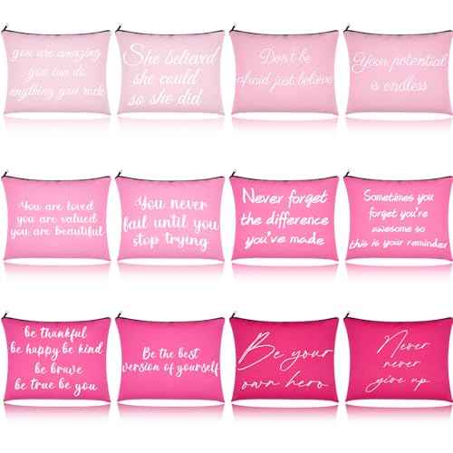 12 PCS Pink Inspirational Canvas Makeup Bags Bulk Makeup Bags for Women Inspirational Quotes Cosmetics Bags with Zipper Gift for Valentine's Day Christmas Graduation