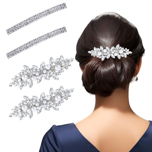 4PCS Hair Barrettes, Rhinestone Hair Clips, 3 Styles Silver Hairpins for Women and Girls, Alloy Hairclips with Rhinestone and Pearl, Sparkly Hair-Accessories for Wedding, Party, Dance and Daily Wear