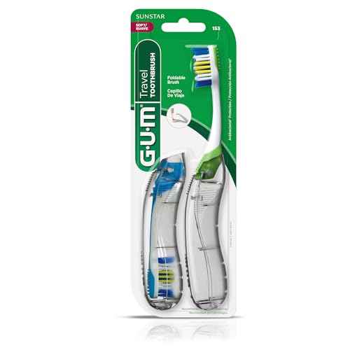 GUM Folding Travel Toothbrush, Compact Head + Tongue Cleaner, Soft Bristled Travel Toothbrushes for Adults, 2ct (Colors may vary)
