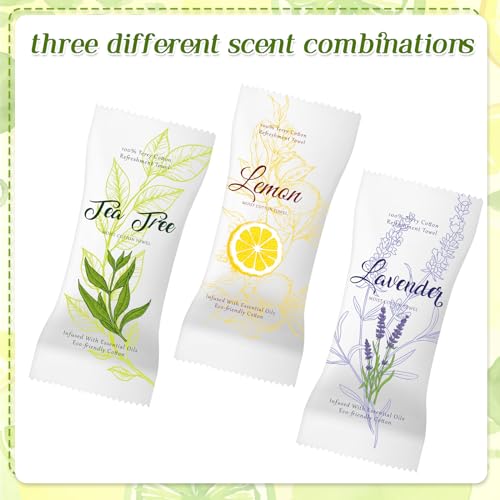 VitalCozy 240 Pcs Moist Cotton Towel Moist Towelettes Individually Wrapped Scent Disposable Face Towel 8.6'' x 8.6'' Hot/Cold Moistened Cleansing Wipes, Lemon Tea Tree and Lavender Scent (White)