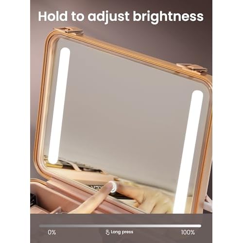 ROWNYEON Light Up Travel Makeup Case With Mirror - Portable Makeup Organizer and Train Case for Makeup Artists and Girls (Pink)