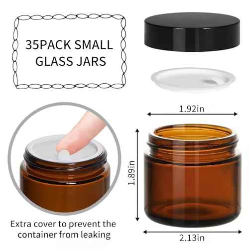 KEYWING 2oz Small Glass Jars, 35 Pack Amber Glass Cosmetic Jars with Black Lids, Round Sample Container with Inner Liners for Cream, Lotions, Powders and Ointments