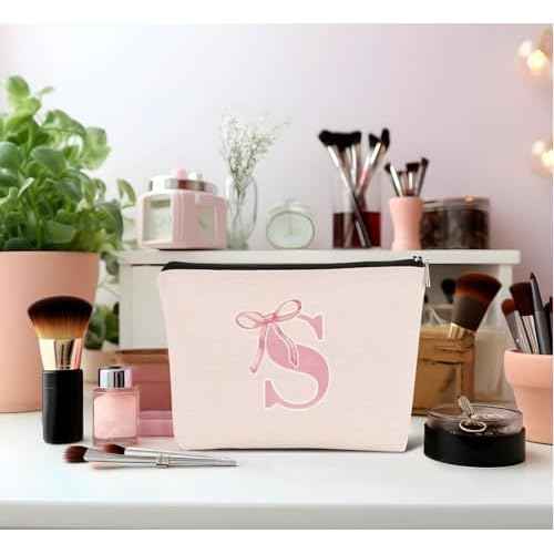 Initial Coquette Pink Bow Custom Makeup Bag,initial S Personalized Teen Girl Gifts,Trendy Preppy Cute Monogrammed Gifts Girly Makeup Pouch Zipper Pouch for Women Teen Girl